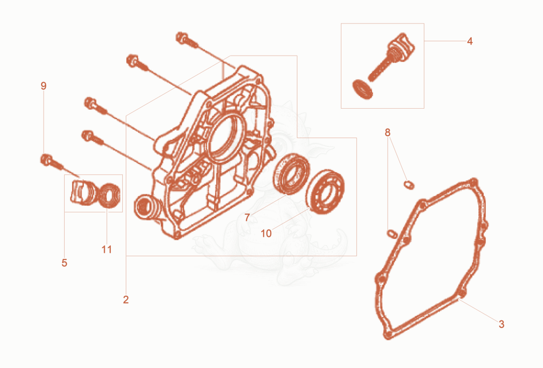 Exploded parts diagram of the Crankcase cover of a Wacker Neuson WPKMAT, with numbered balloons