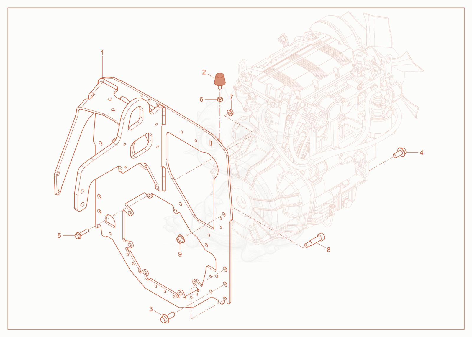 Exploded parts diagram of the Engine Bedding of a Wacker Neuson RT-SC4, with numbered balloons