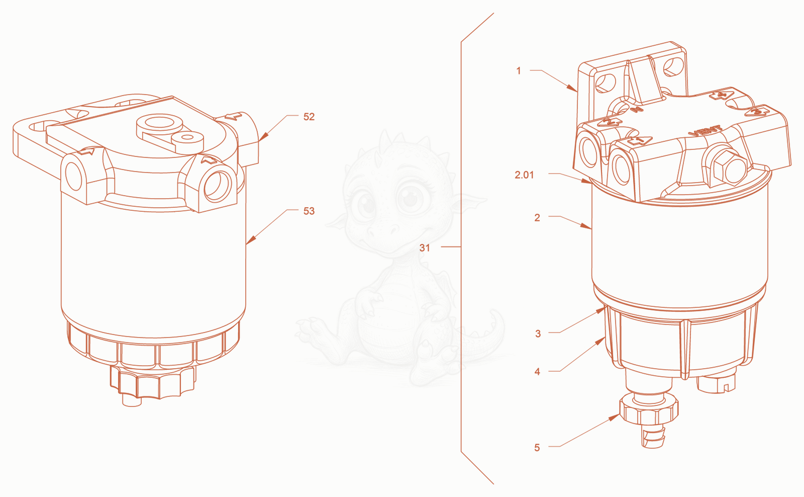 Exploded parts diagram of the fuel filter of a Wacker Neuson RD18-100C3, with numbered balloons