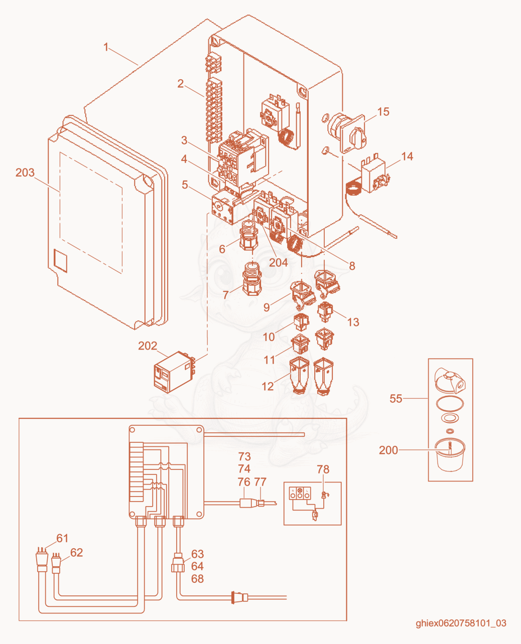 Despiece del Control Box cpl. de una máquina Wacker Neuson CUB700, con globos numerados