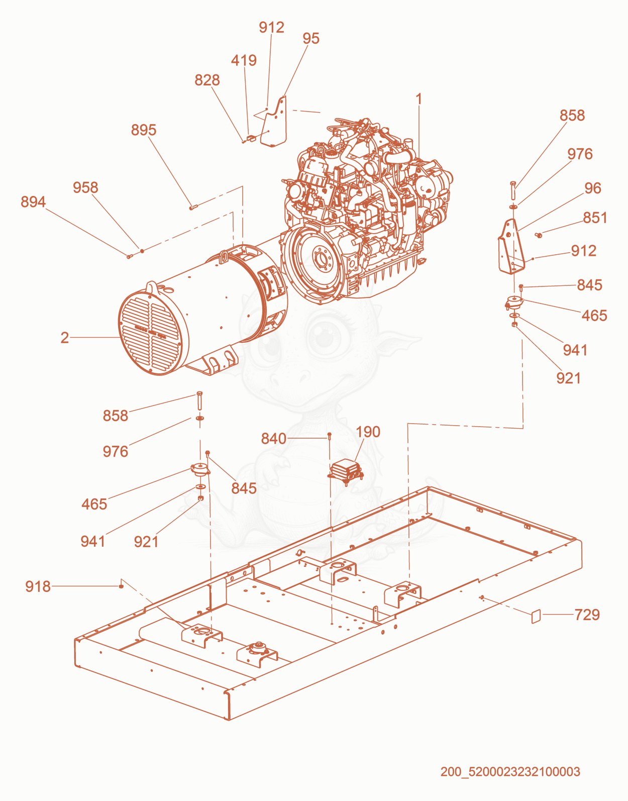 Despiece del Generator/Engine de una máquina Wacker Neuson G130, con globos numerados