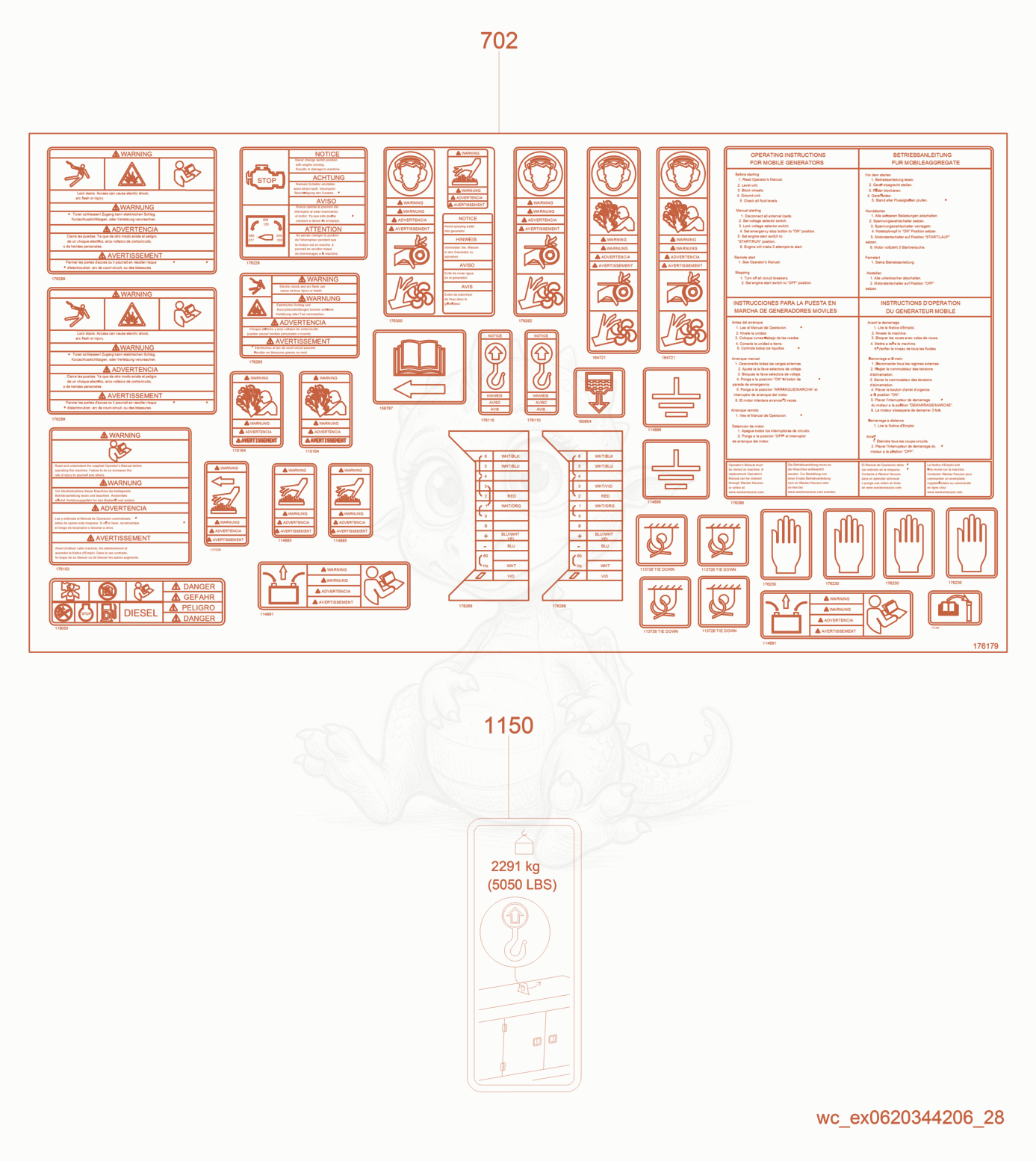 Exploded parts diagram of the Safety Labels of a Wacker Neuson G70, with numbered balloons