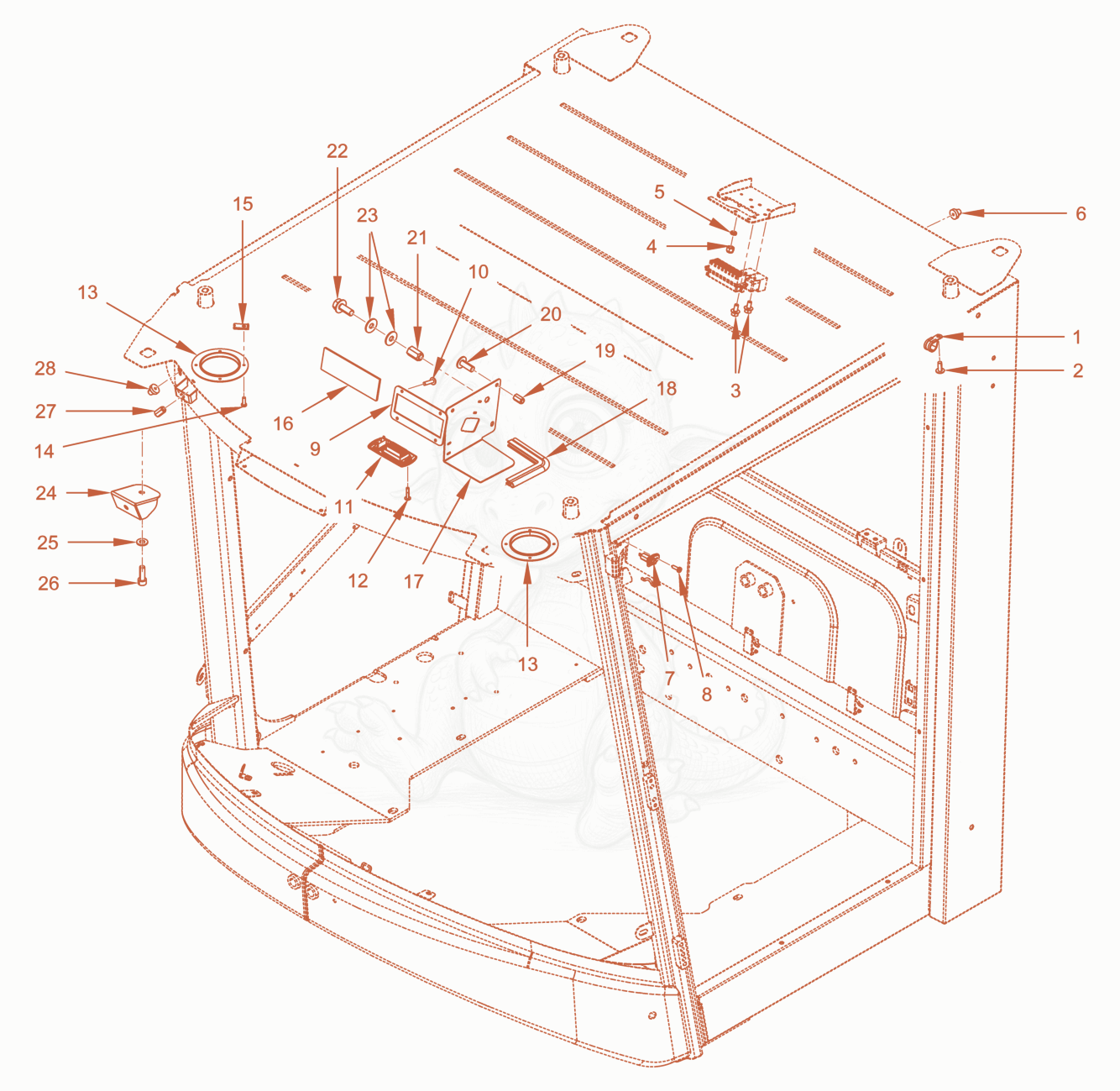 Exploded parts diagram of the driver's cabin of a Wacker Neuson RC110ROPS, with numbered balloons