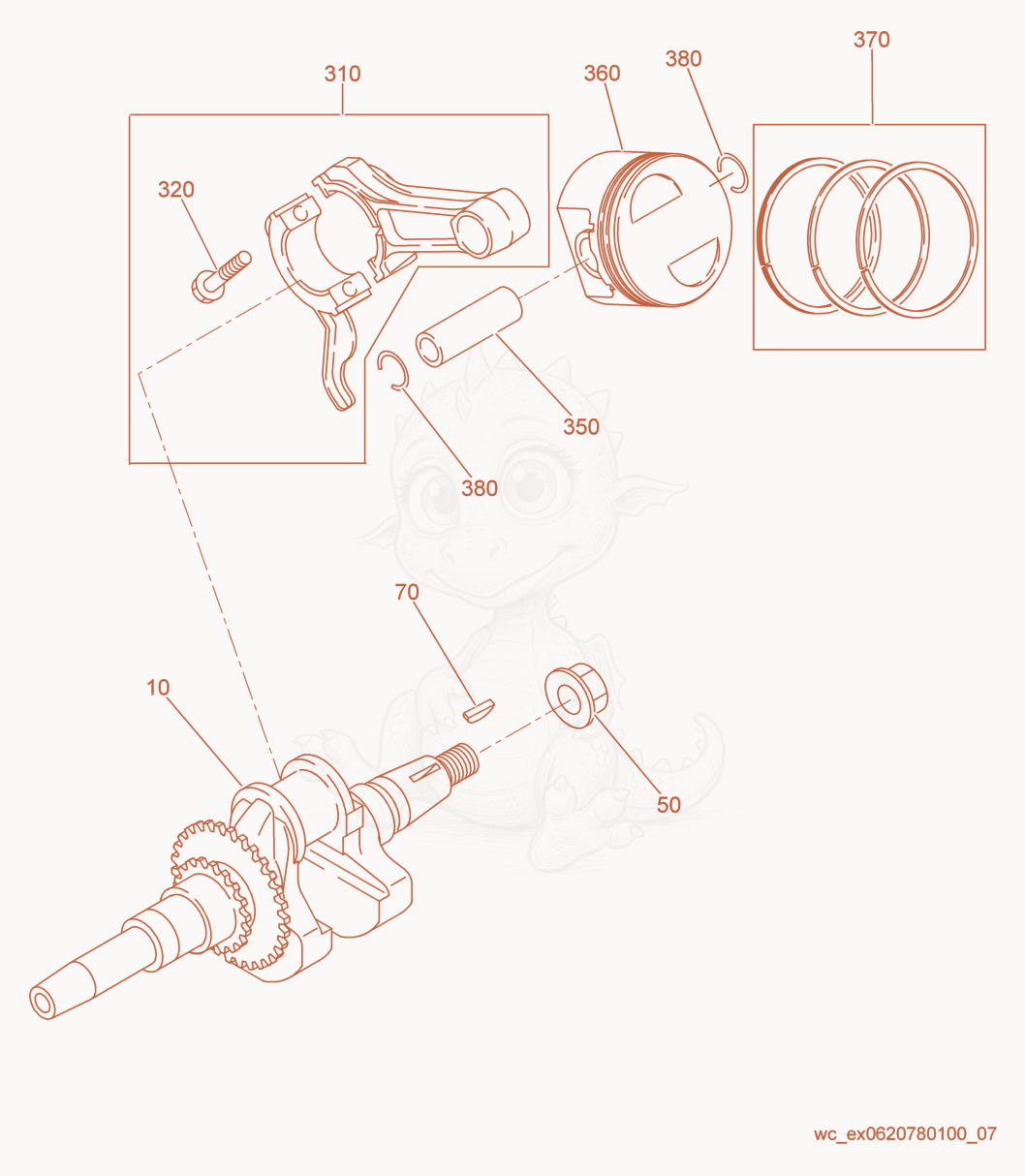 Exploded parts diagram of the Piston/Crankshaft of a Wacker Neuson GPSI3200, with numbered balloons