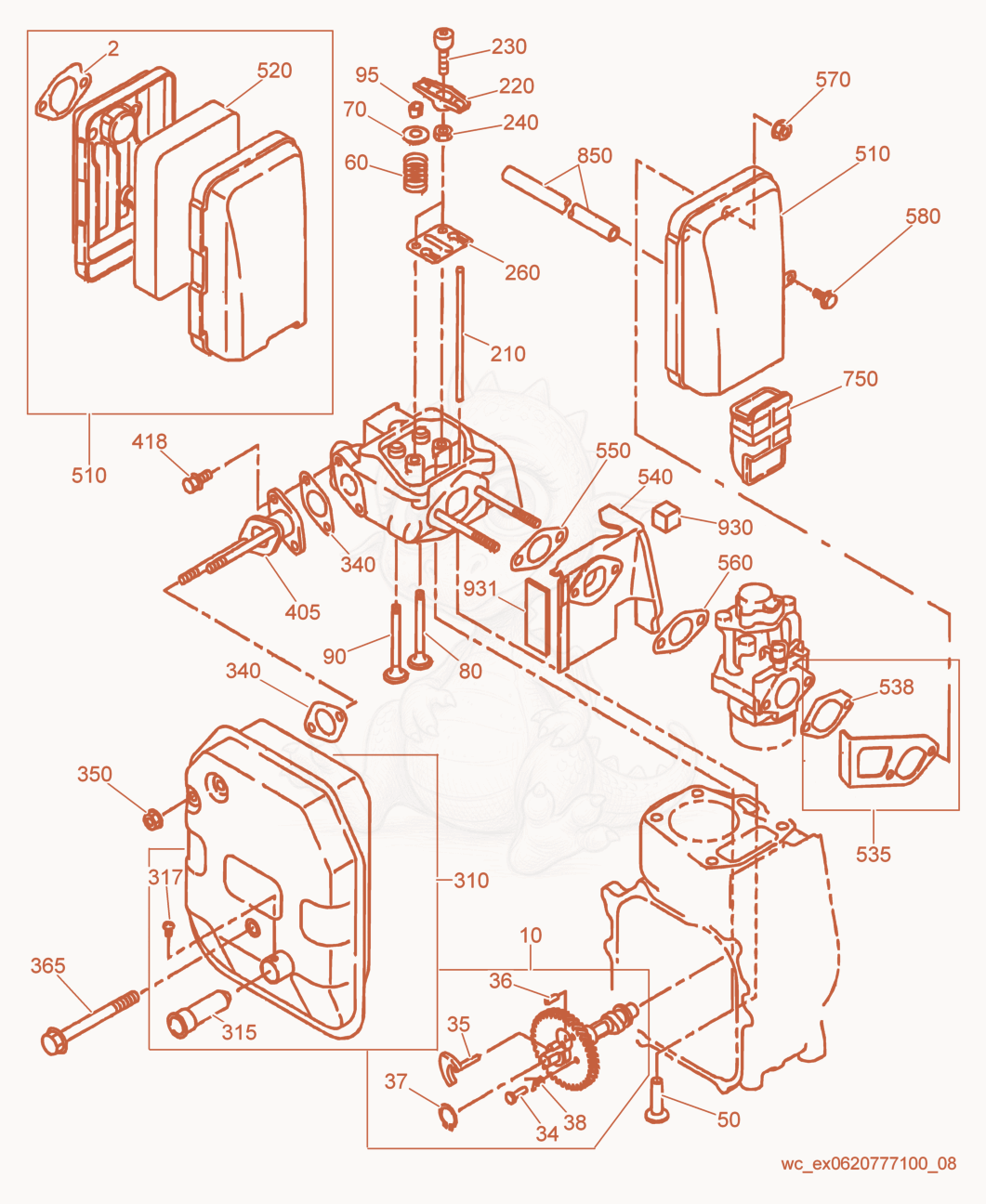 Despiece del Muffler/Air Cleaner/Camshaft de una máquina Wacker Neuson GPI1700, con globos numerados