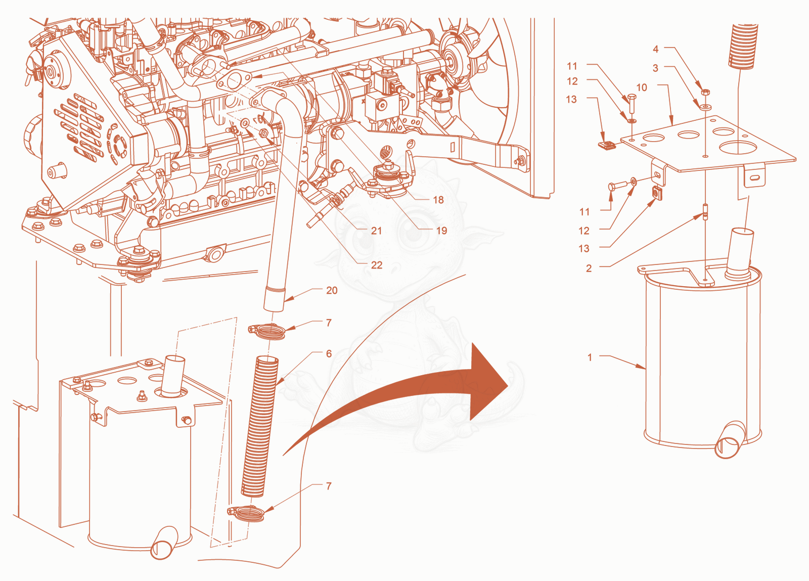 Exploded parts diagram of the exhaust system of a Wacker Neuson RD45-140.3, with numbered balloons