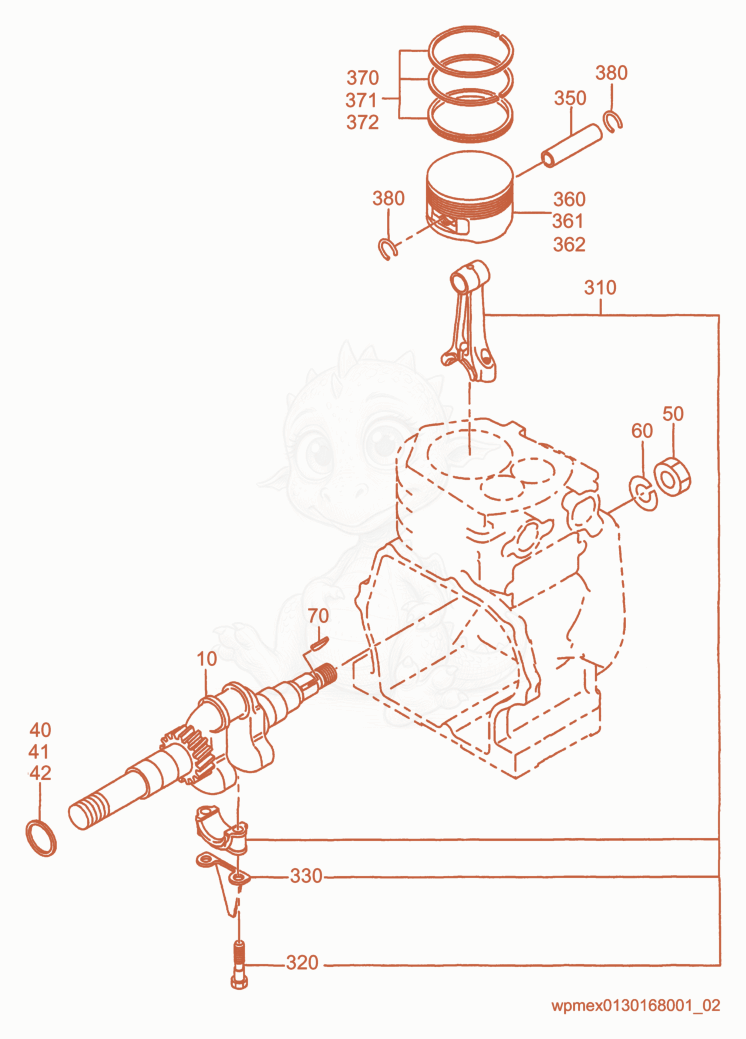 Despiece del Crankshaft/Piston de una máquina Wacker Neuson AP1550R, con globos numerados