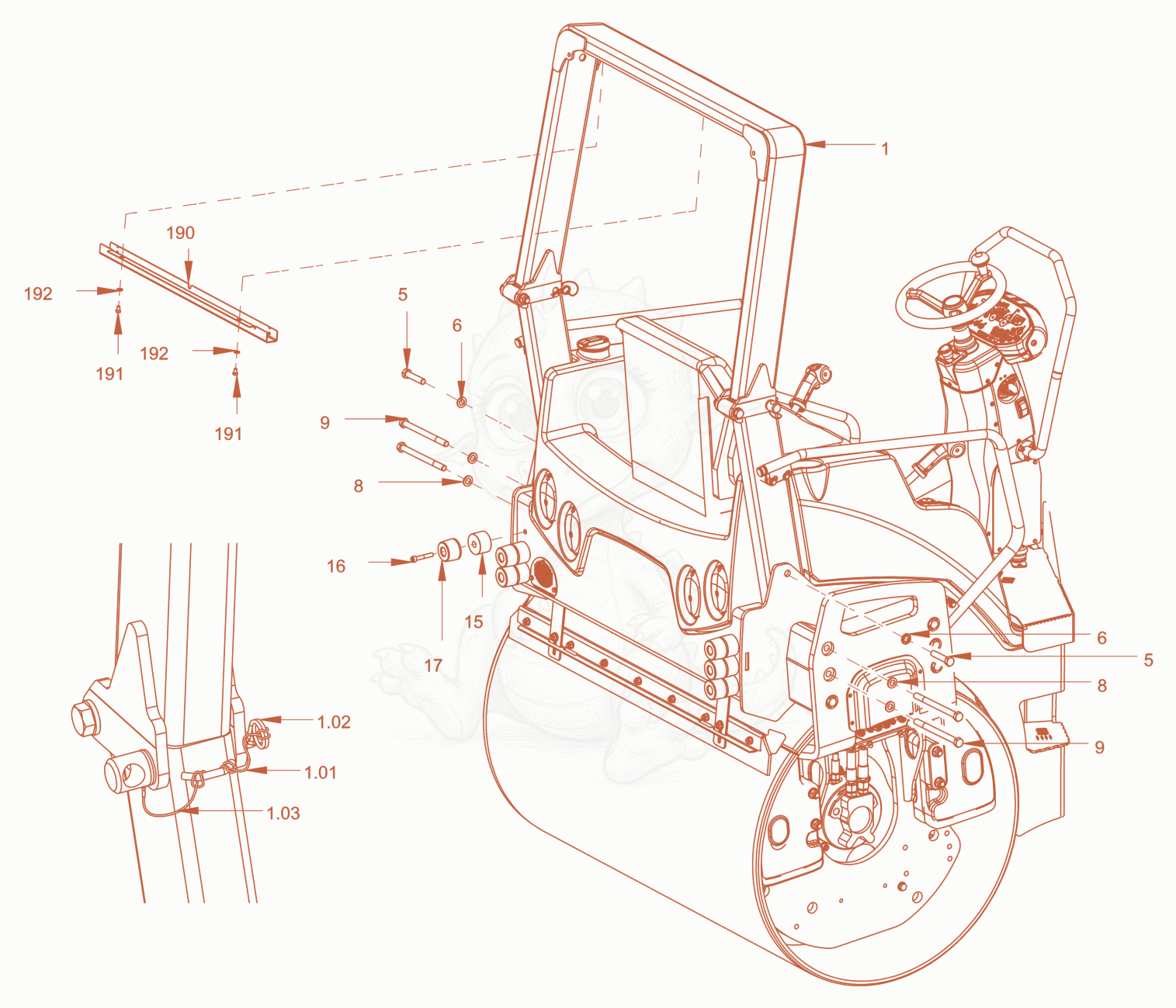 Exploded parts diagram of the roll over protection of a Wacker Neuson RD45-140C, with numbered balloons