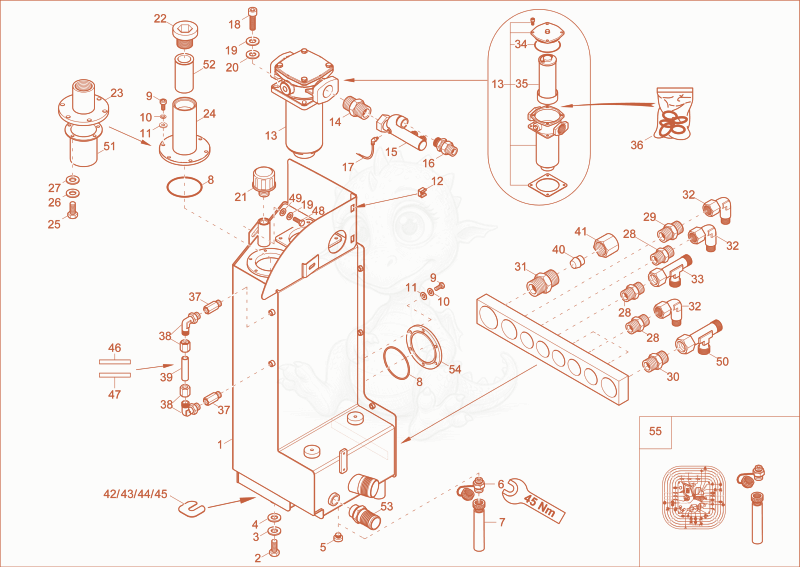 Exploded parts diagram of the hydraulic tank of a Wacker Neuson 6003, with numbered balloons