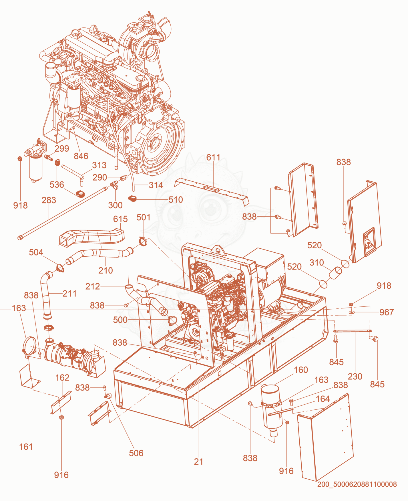Exploded parts diagram of the Rear Panels/Muffler of a Wacker Neuson G150, with numbered balloons