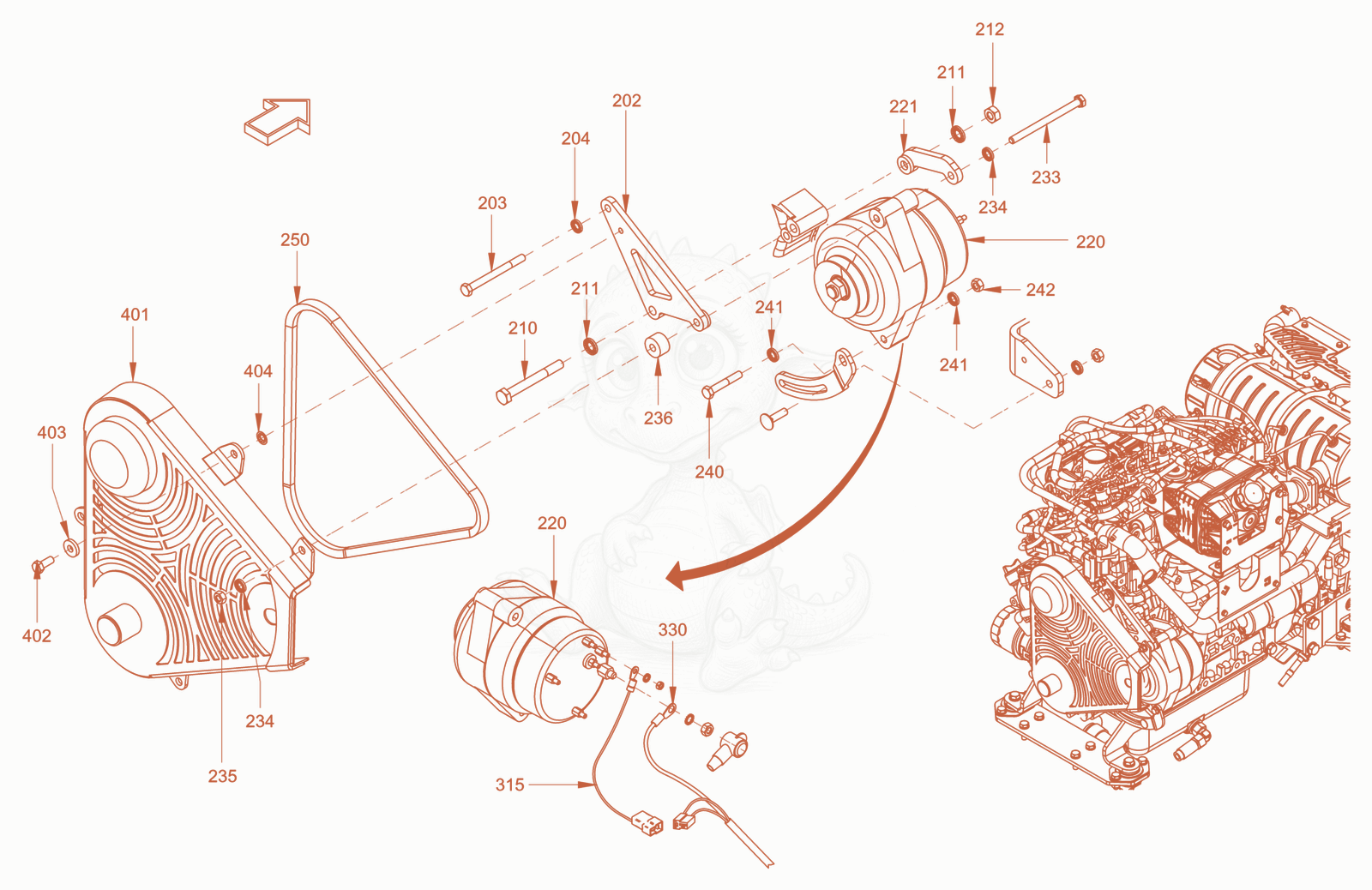 Exploded parts diagram of the pump drive and engine assembly of a Wacker Neuson RD40-130.3, with numbered balloons