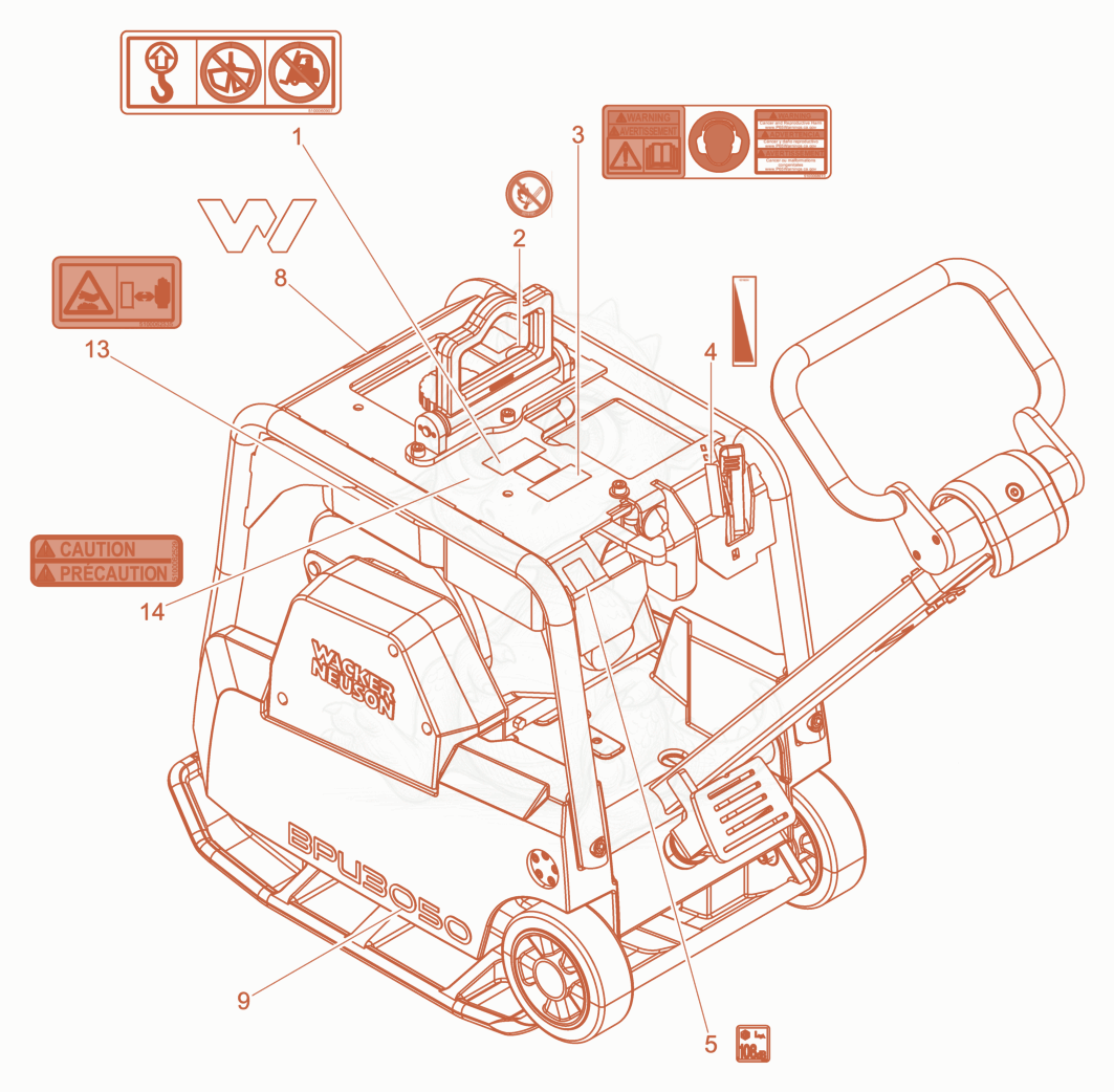 Exploded parts diagram of the Labels of a Wacker Neuson BPU3050AUS, with numbered balloons
