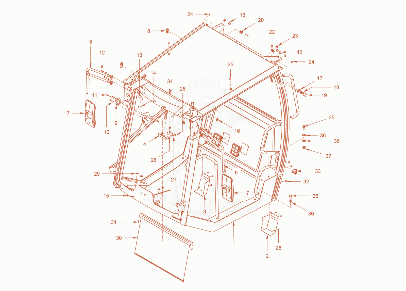 Exploded parts diagram of the driver's cabin of a Wacker Neuson RC50DPFCAB, with numbered balloons