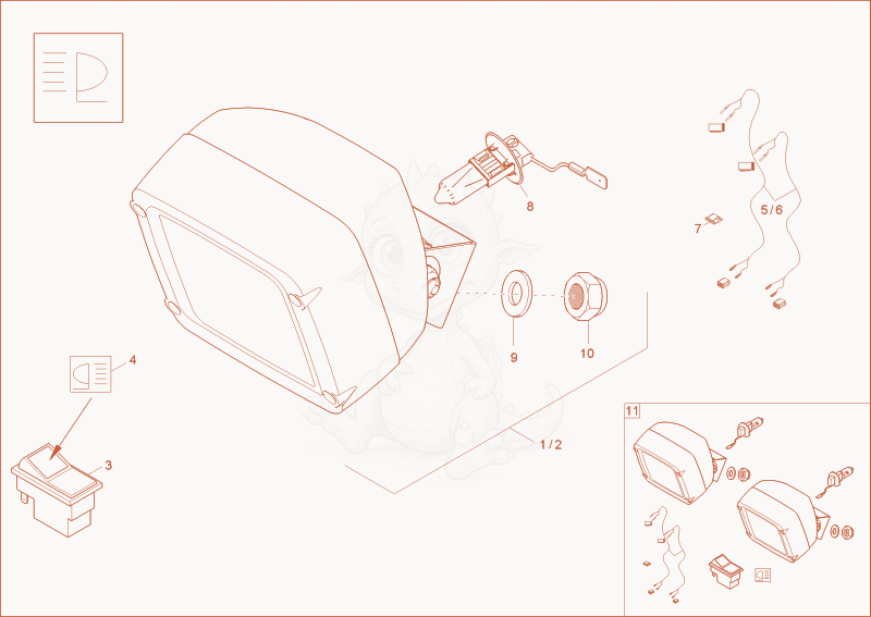 Exploded parts diagram of the FRONT HEADLIGHT (OPTION) of a Wacker Neuson 1404, with numbered balloons