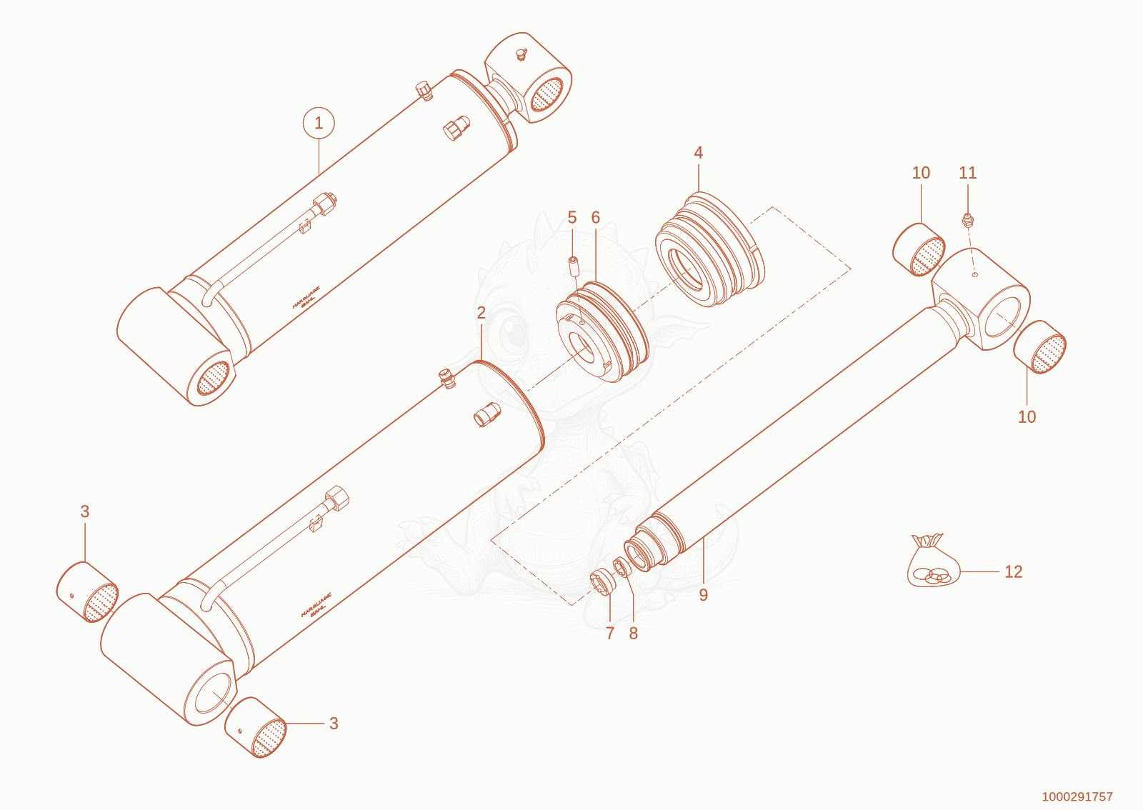 Exploded parts diagram of the tilt ram of a Wacker Neuson TH744(416-02), with numbered balloons