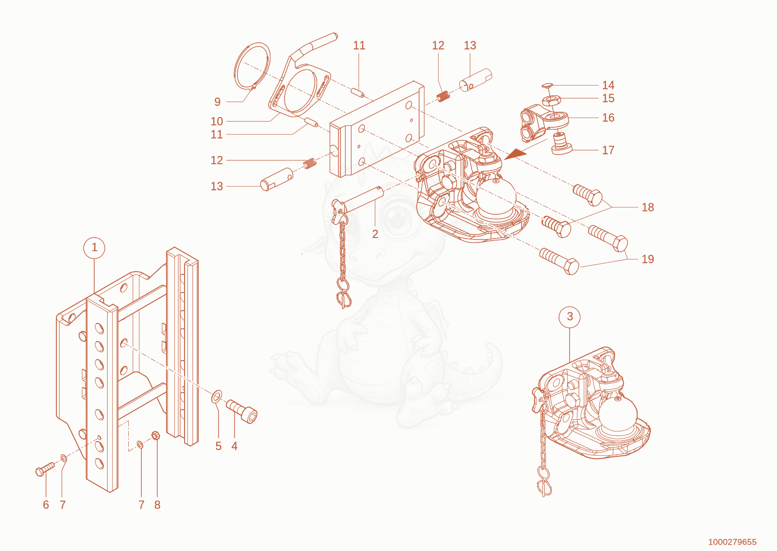 Exploded parts diagram of the trailer coupling of a Wacker Neuson TH955(416-36), with numbered balloons