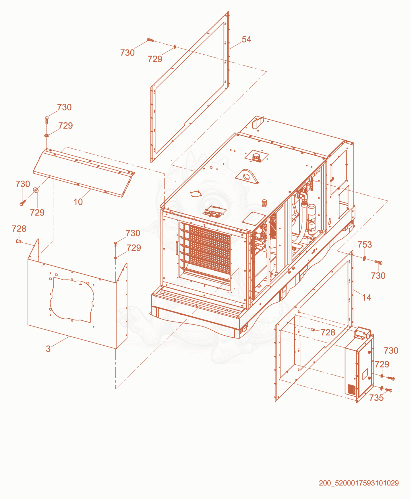 Despiece del Inlet Box, Top Panel & Panel Side Assembly de una máquina Wacker Neuson HIF600, con globos numerados
