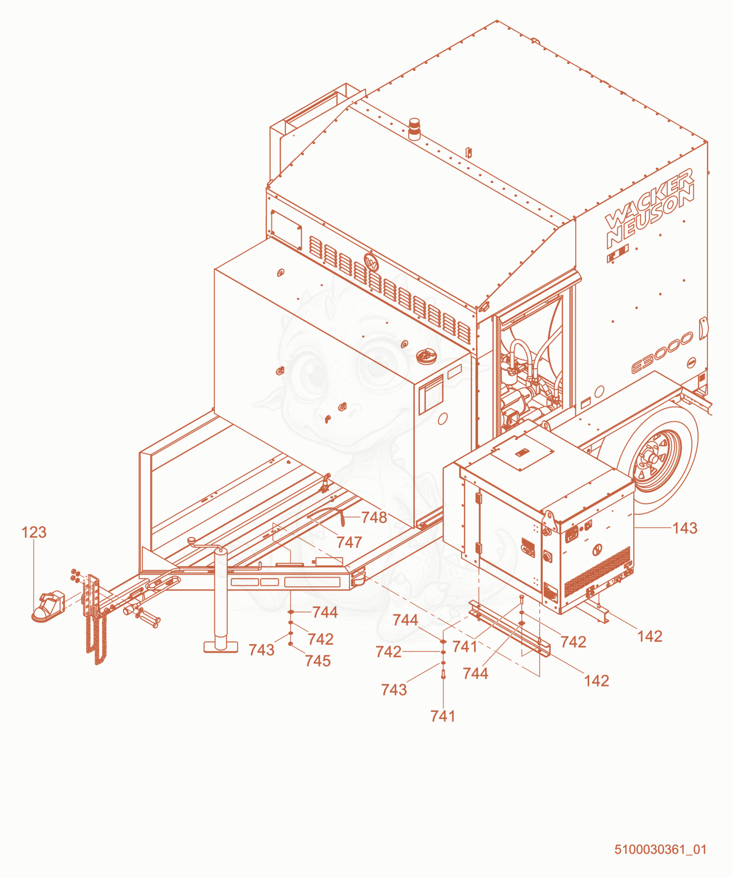 Exploded parts diagram of the Genset Enclosure cpl. of a Wacker Neuson E3000, with numbered balloons