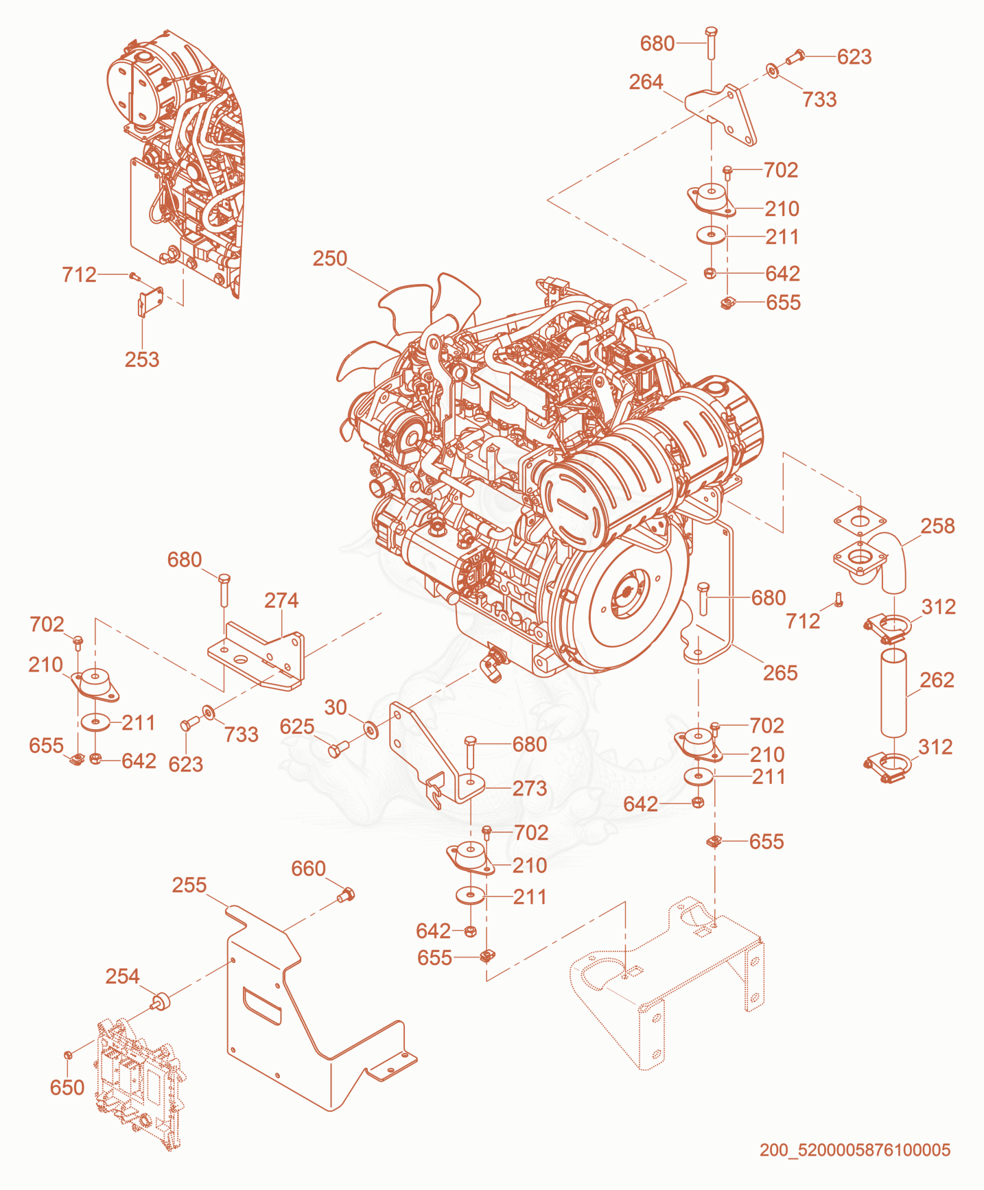 Exploded parts diagram of the Engine Mount/Exhaust cpl. of a Wacker Neuson RD27-120, with numbered balloons
