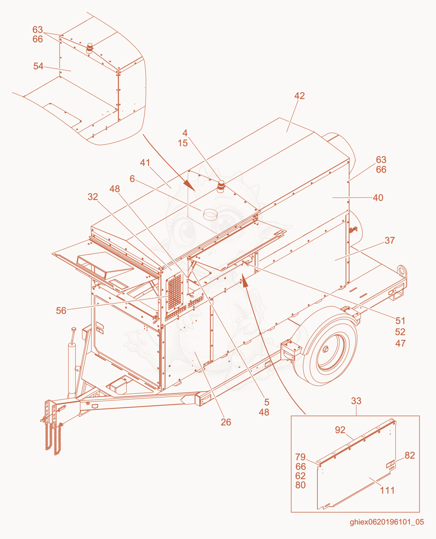 Despiece del Left/Upper Enclosure cpl. de una máquina Wacker Neuson ARCTICBEARHD, con globos numerados