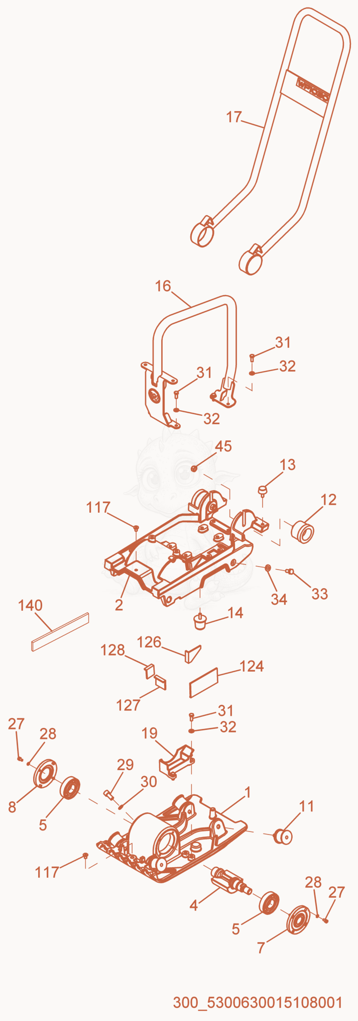 Despiece del Guide Handle/Baseplate de una máquina Wacker Neuson WP1030A, con globos numerados