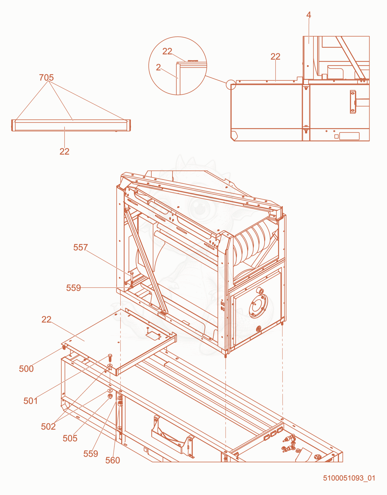 Exploded parts diagram of the Heat exchanger of a Wacker Neuson HI1000, with numbered balloons