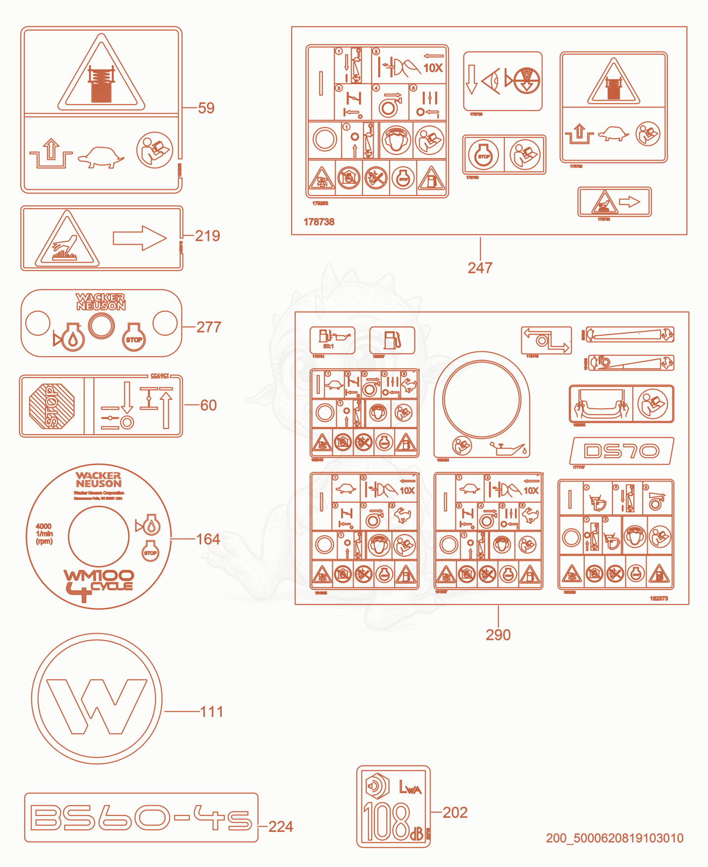 Exploded parts diagram of the Labels of a Wacker Neuson BS60-4SEU, with numbered balloons