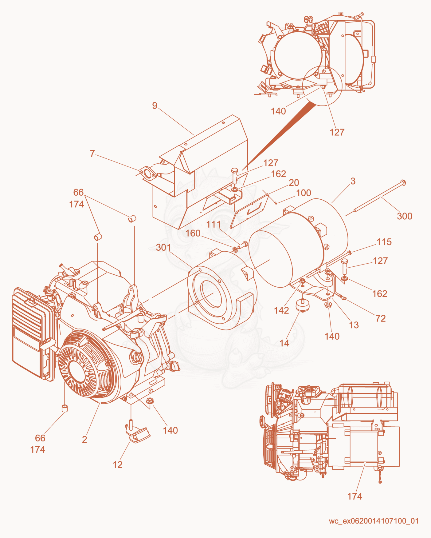 Despiece del Engine/Generator cpl. de una máquina Wacker Neuson GP6600A, con globos numerados