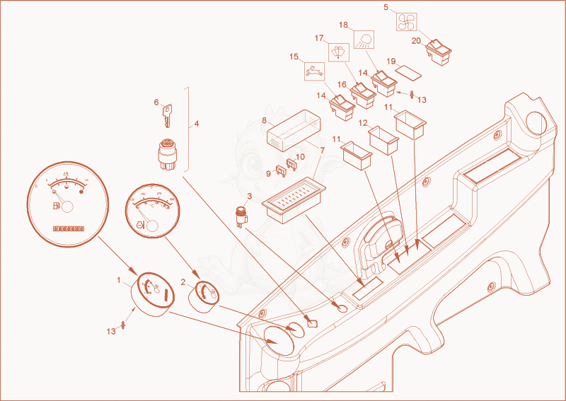 Exploded parts diagram of the instrument panel of a Wacker Neuson 50Z3, with numbered balloons