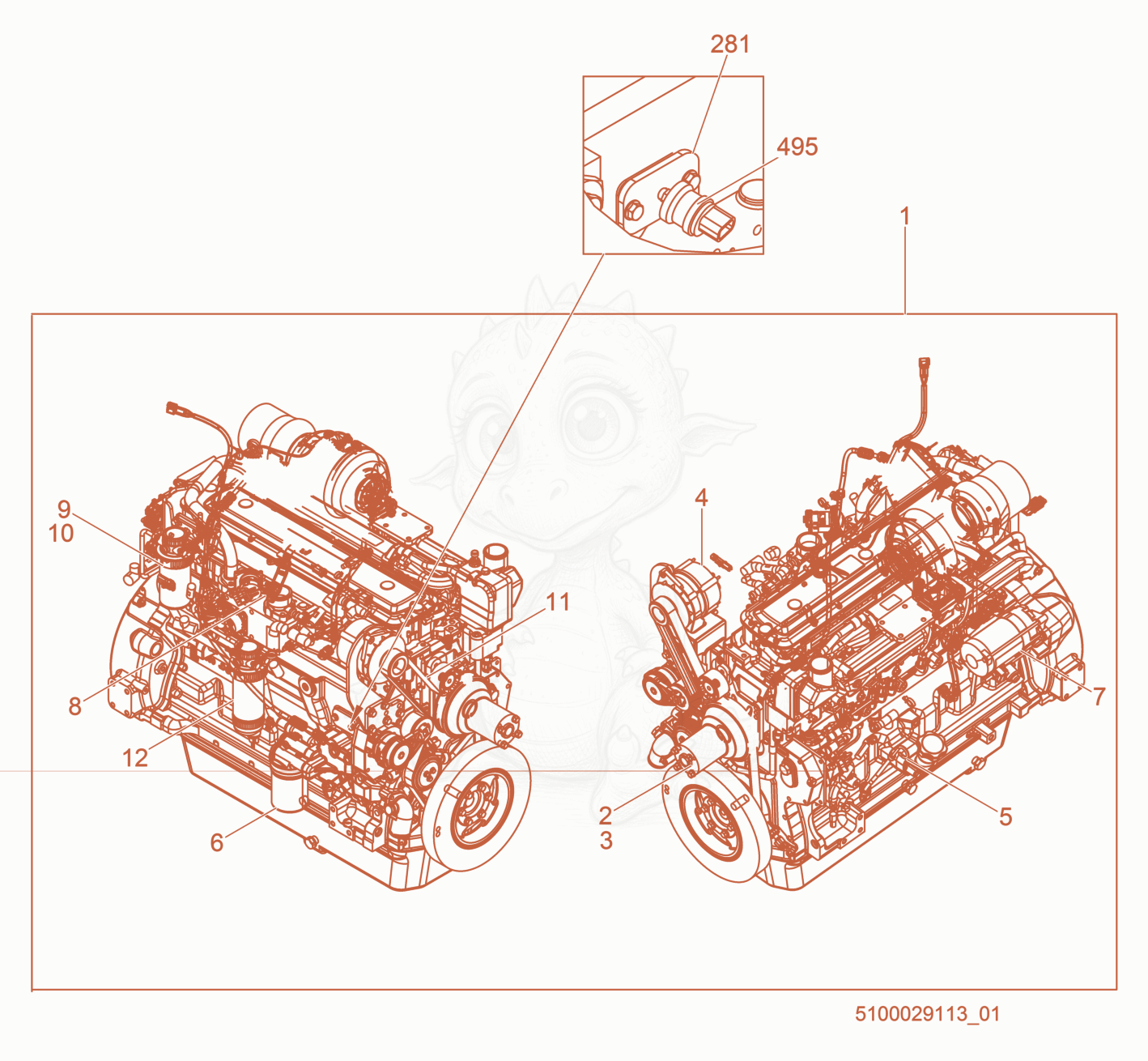 Exploded parts diagram of the Engine-Deere of a Wacker Neuson G180, with numbered balloons