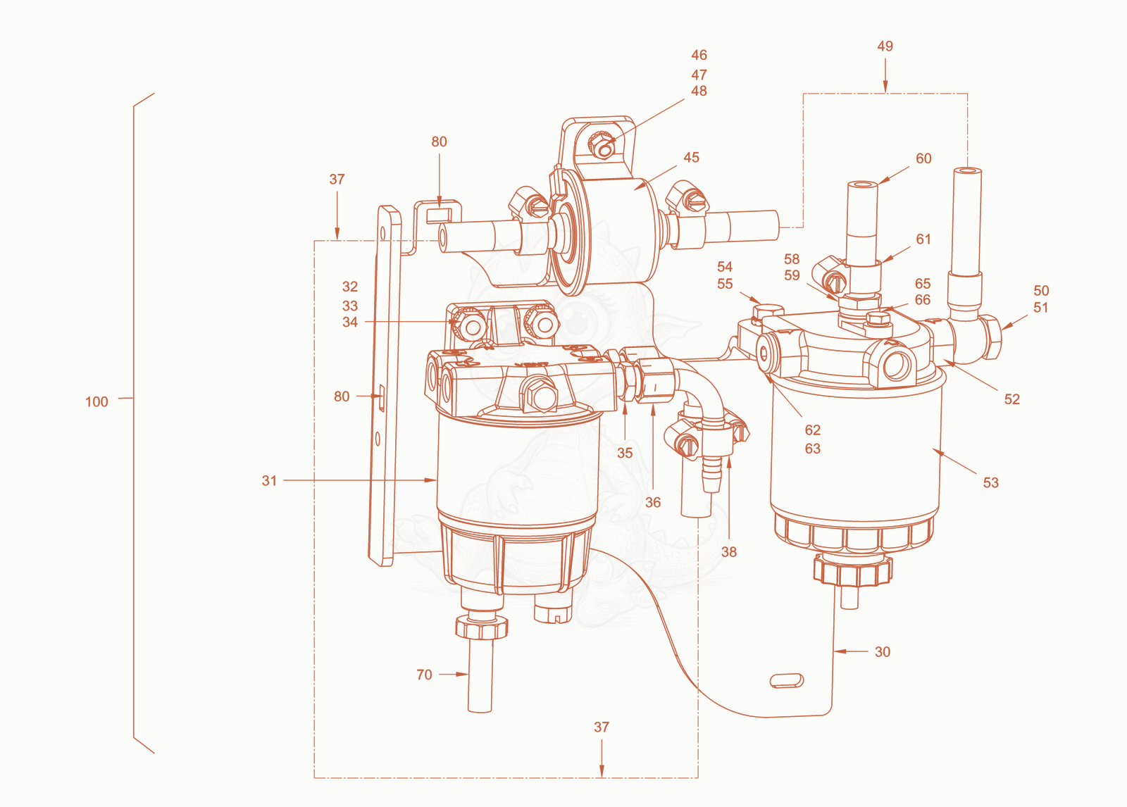 Exploded parts diagram of the fuel system of a Wacker Neuson RD18-100.3, with numbered balloons