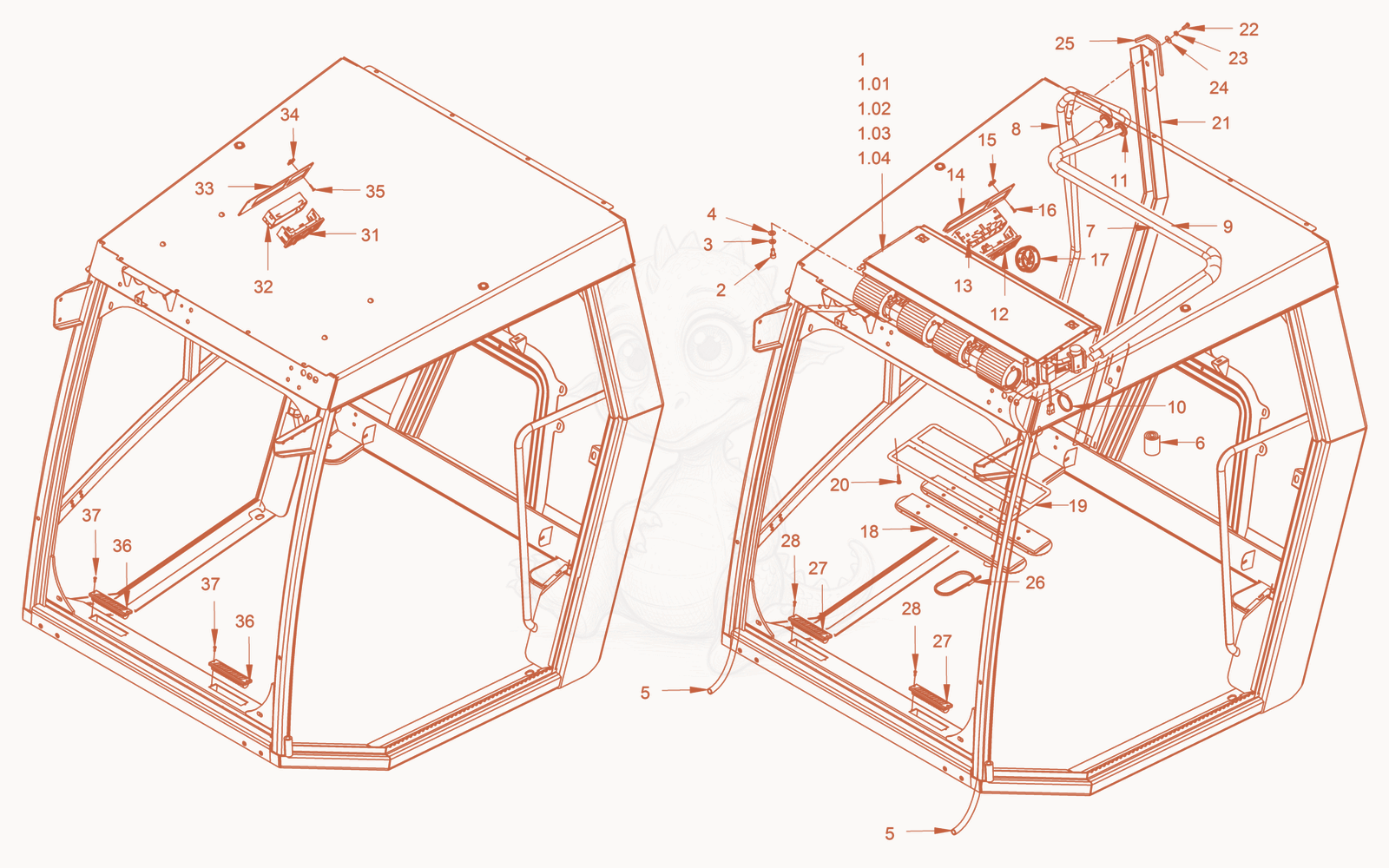 Exploded parts diagram of the driver's cabin of a Wacker Neuson RC110P, with numbered balloons