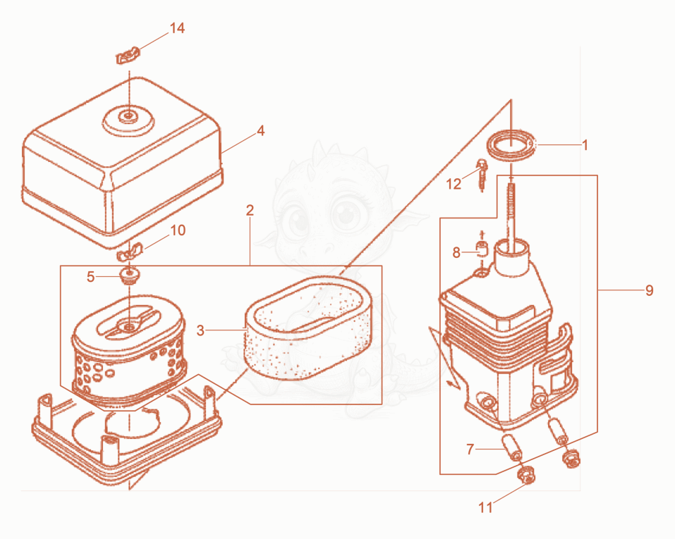 Despiece del Air Cleaner de una máquina Wacker Neuson VP1030AW, con globos numerados
