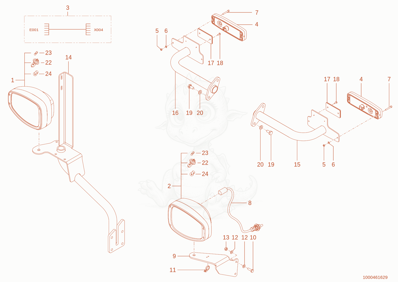 Exploded parts diagram of the lighting of a Wacker Neuson TH412(T01-01), with numbered balloons