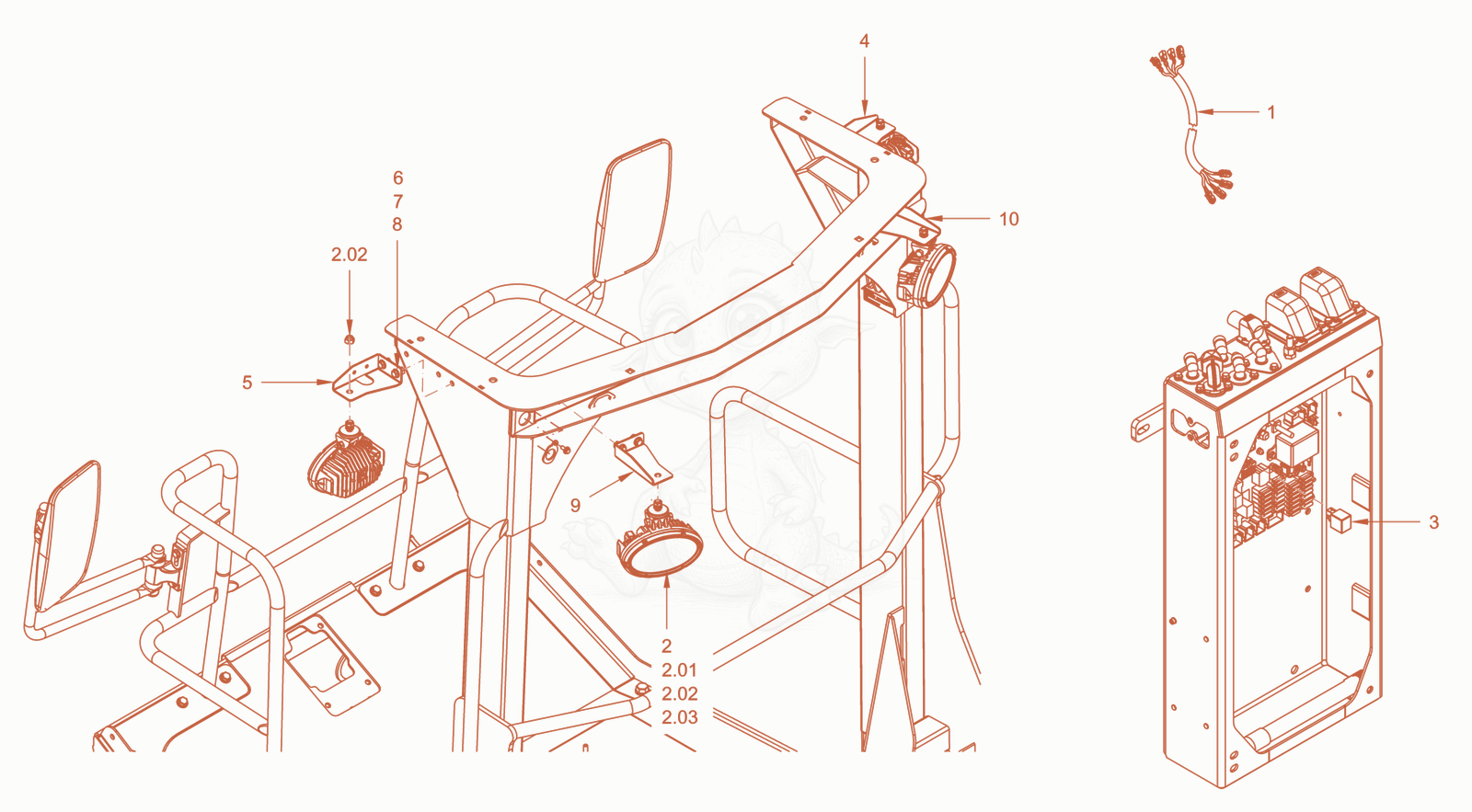 Exploded parts diagram of the additional lighting of a Wacker Neuson RC50DPFCAB, with numbered balloons