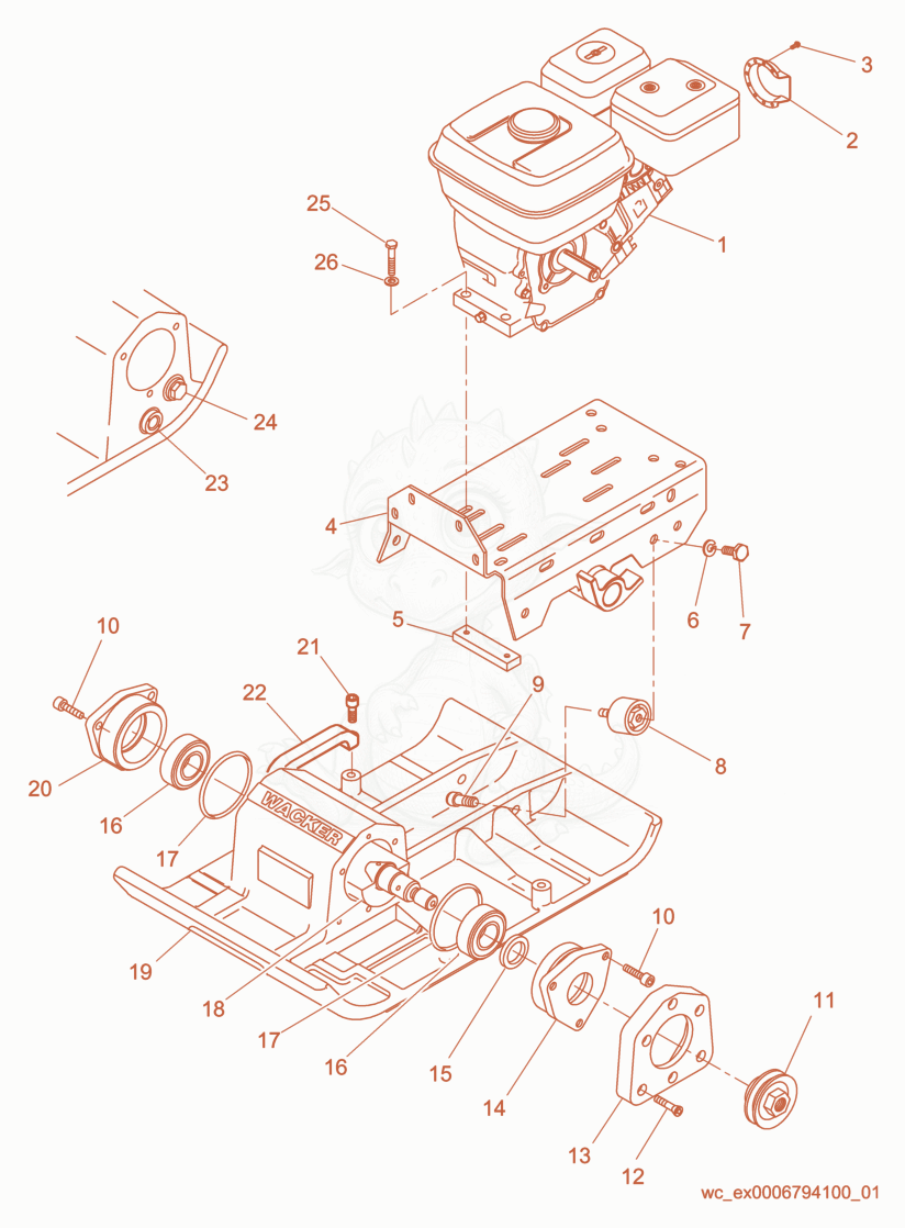Exploded parts diagram of the Baseplate/Console cpl. of a Wacker Neuson VPA1340, with numbered balloons