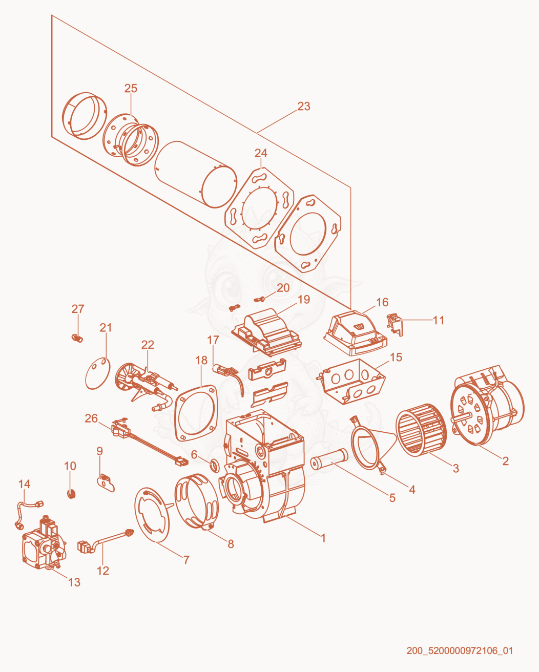 Exploded parts diagram of the Burner cpl. of a Wacker Neuson E3000ES, with numbered balloons