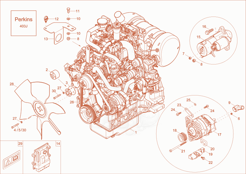 Despiece del diesel engine (Option) de una máquina Wacker Neuson DW30, con globos numerados