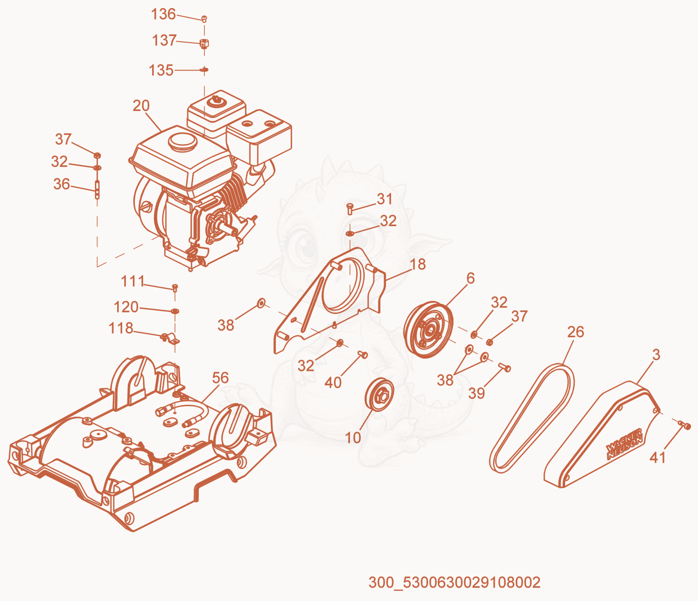 Exploded parts diagram of the Beltguard/Clutch of a Wacker Neuson WPP1550A, with numbered balloons