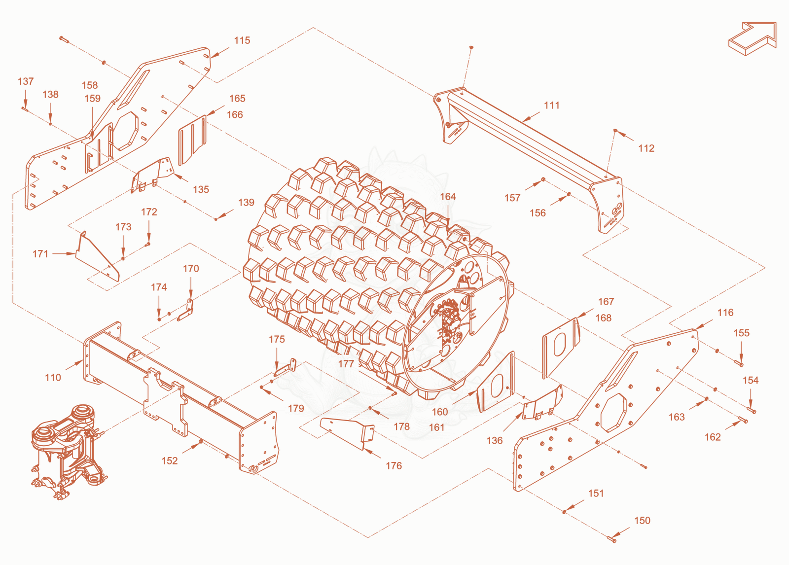 Exploded parts diagram of the main frame and assemblies of a Wacker Neuson RC110PCAB, with numbered balloons