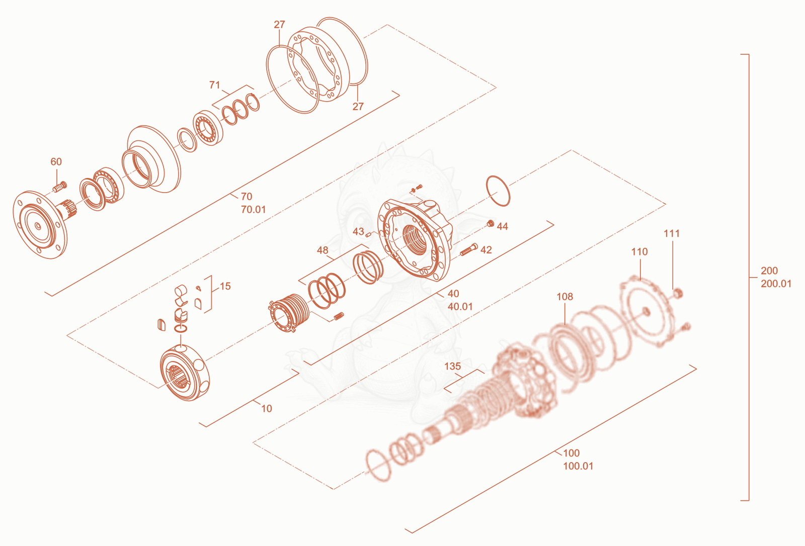 Exploded parts diagram of the gear hub motor of a Wacker Neuson RD18-100C, with numbered balloons
