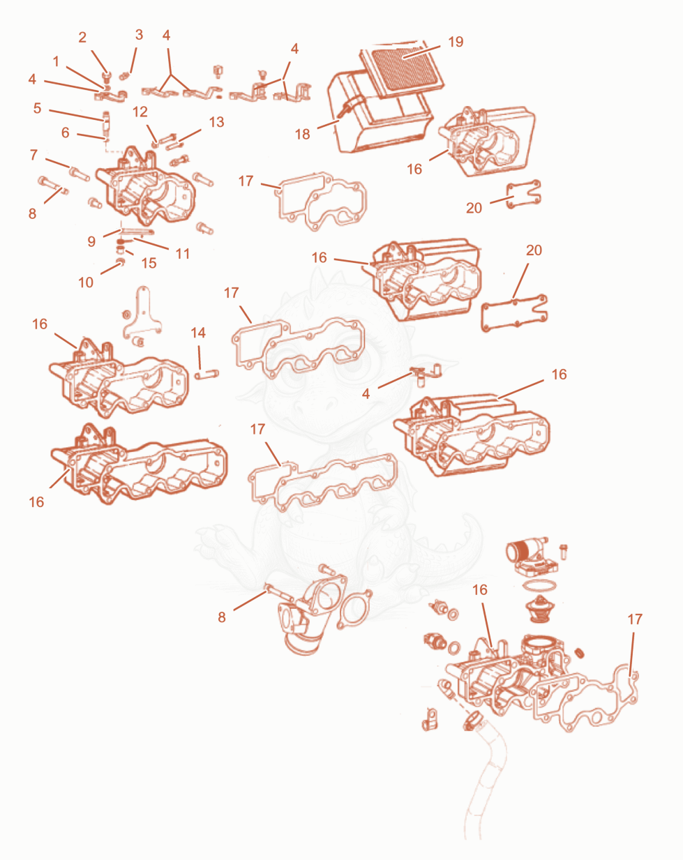 Exploded parts diagram of the AIR INLET MANIFOLD AND AIR FILTER of a Wacker Neuson PT6LT, with numbered balloons