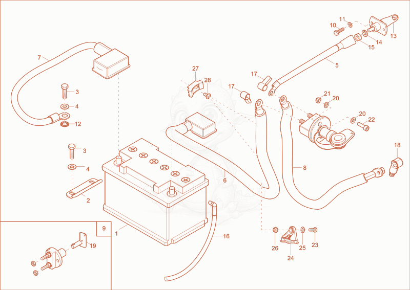 Exploded parts diagram of the BATTERY of a Wacker Neuson EZ36, with numbered balloons
