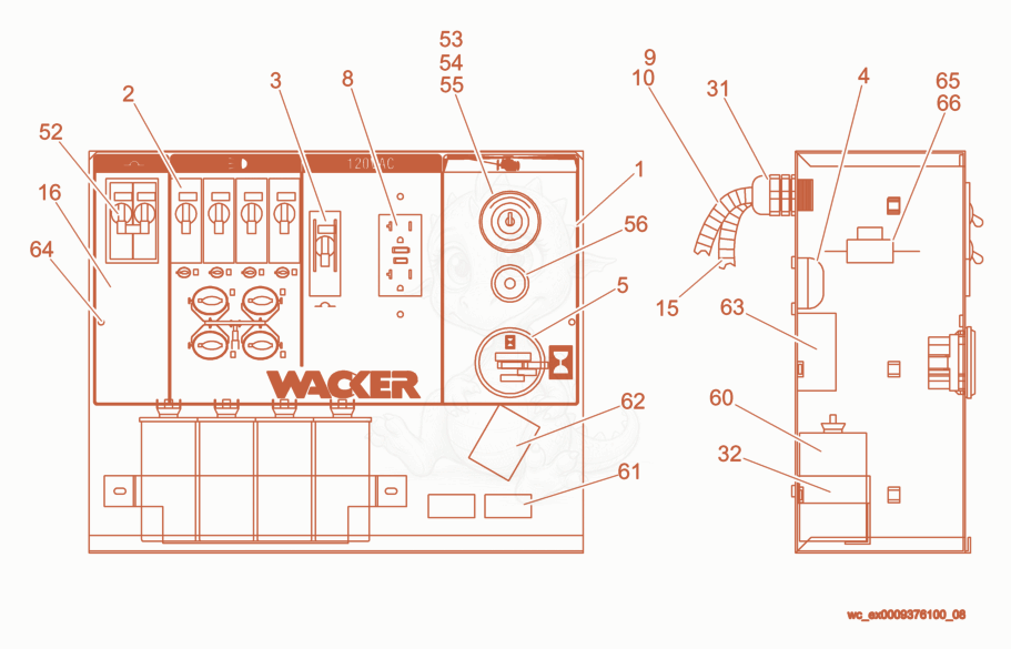 Despiece del Control Box cpl. de una máquina Wacker Neuson LTC4C, con globos numerados