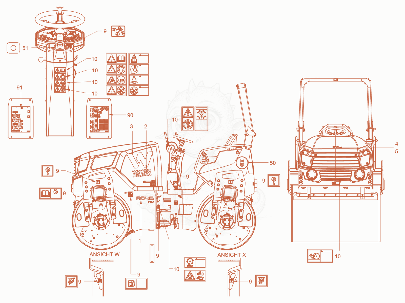 Exploded parts diagram of the sticker arrangement of a Wacker Neuson RD40-130, with numbered balloons