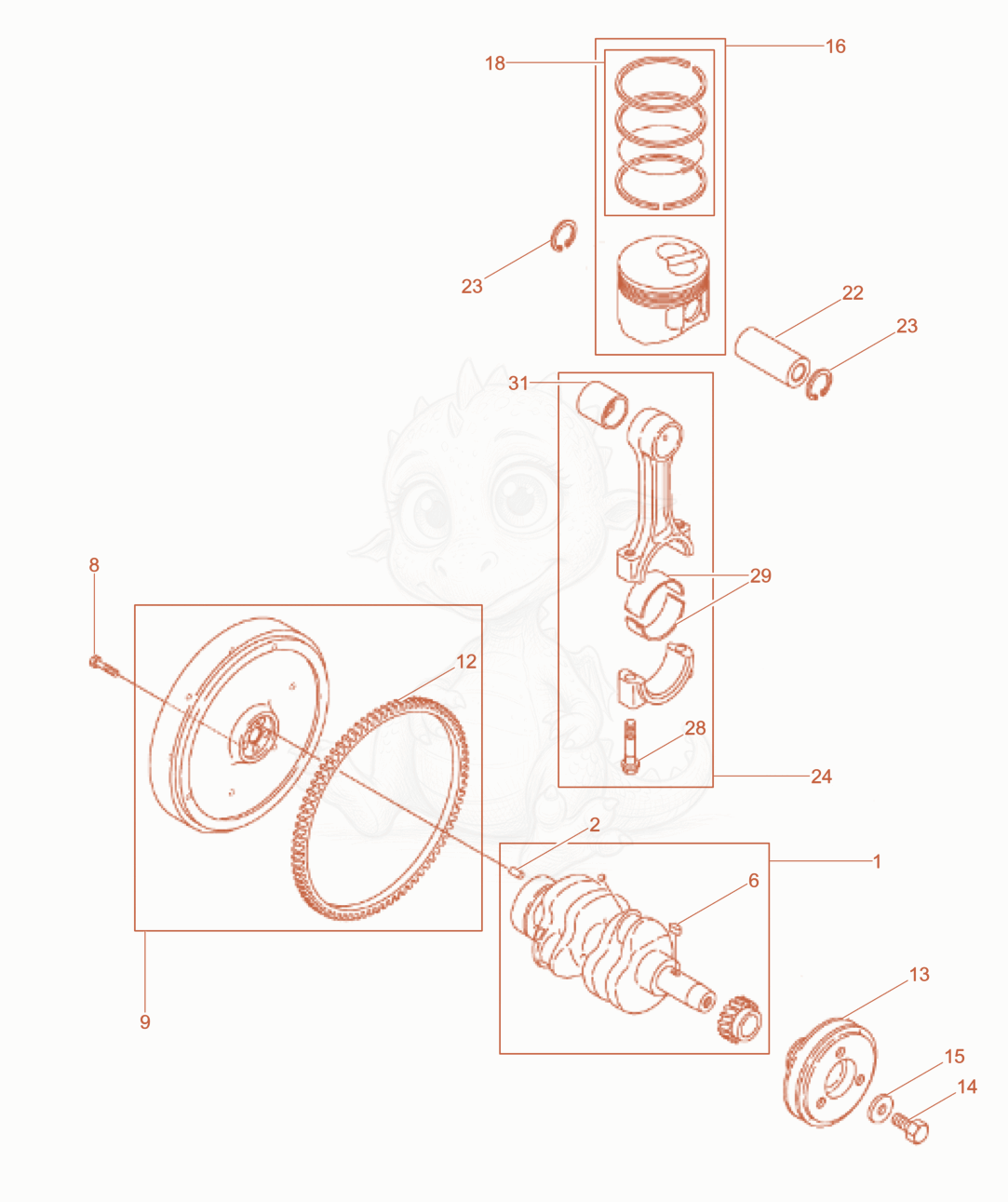 Exploded parts diagram of the Crankshaft - Piston of a Wacker Neuson LTN5YUK, with numbered balloons
