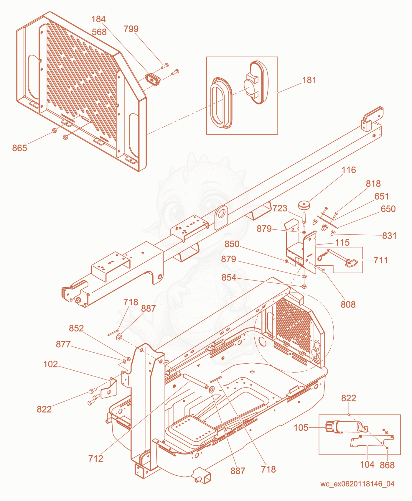 Exploded parts diagram of the Tower Cradle Brackets of a Wacker Neuson LTN6C-P, with numbered balloons