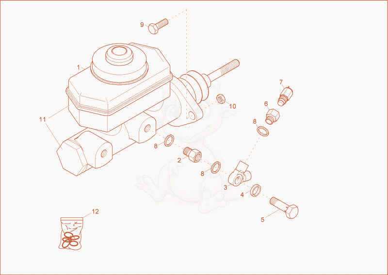Despiece del masterbrake cylinder 2-circle de una máquina Wacker Neuson 3500/6002, con globos numerados