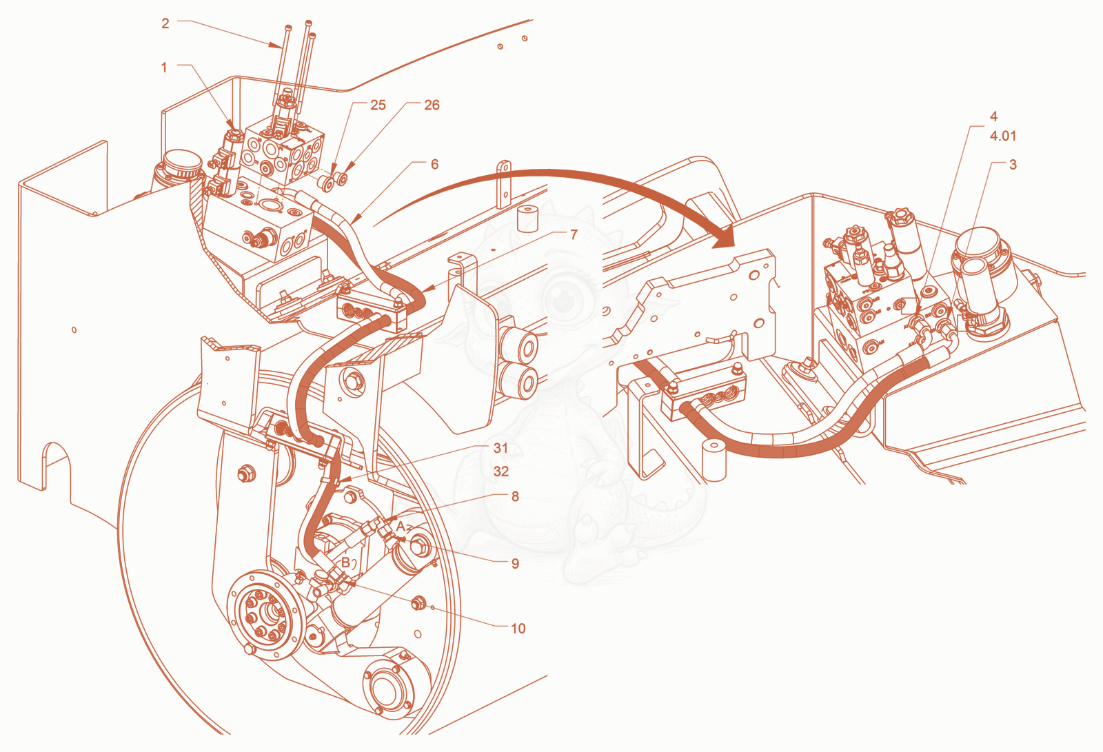 Exploded parts diagram of the hydraulic system (edge pressing and cutting device) of a Wacker Neuson RD24-100C, with numbered balloons