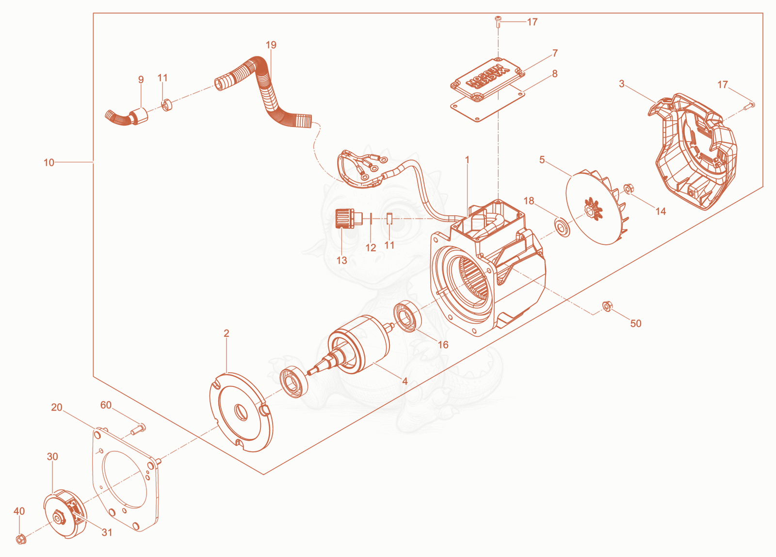 Exploded parts diagram of the electric motor of a Wacker Neuson KMAT, with numbered balloons